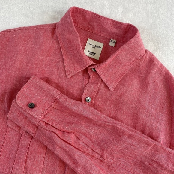 Baird McNutt Button Up Shirt Men's Sz L Pink Long Sleeve 100% Linen Slim Fit - Picture 1 of 11
